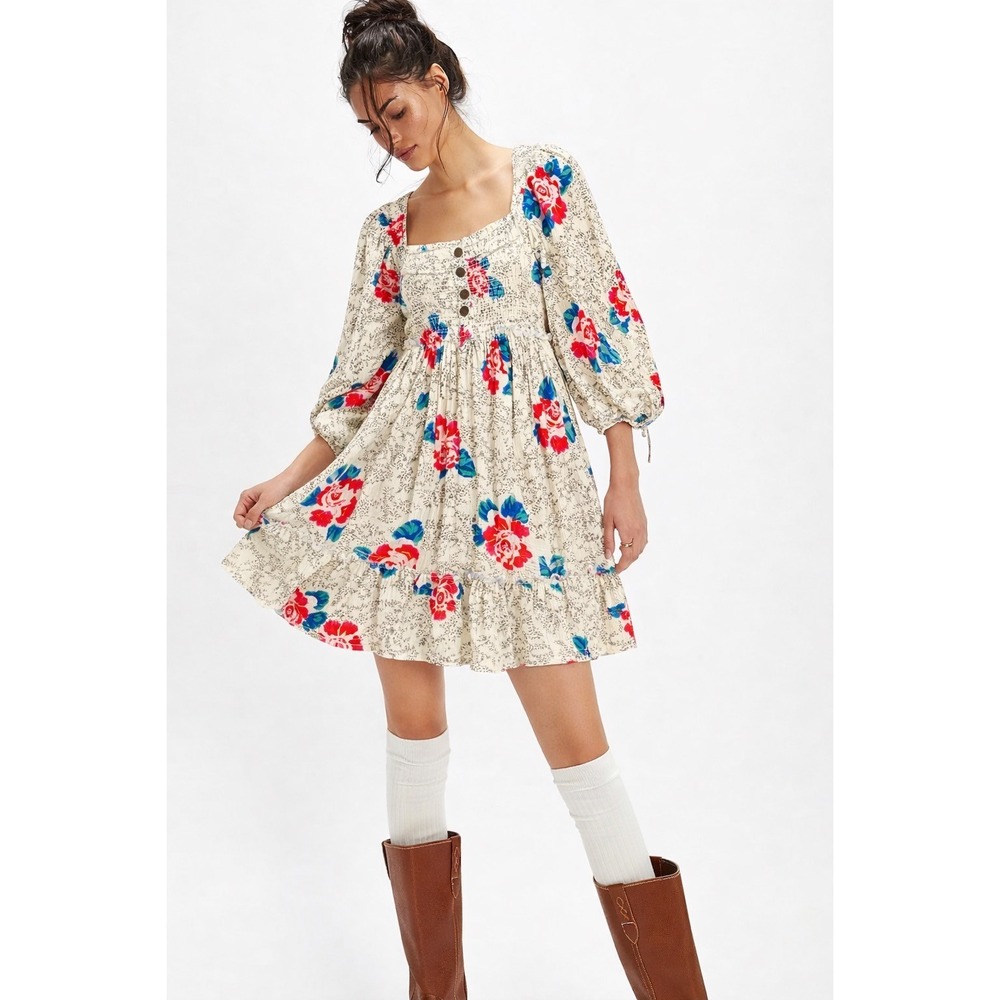 Free People Floral Boho Mini Dress M‎ Cream Red Blue Smocked Pockets NWT